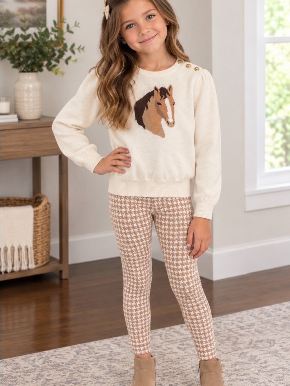 Janie and Jack 7 Equestrian Horse Sweater with houndstooth leggings